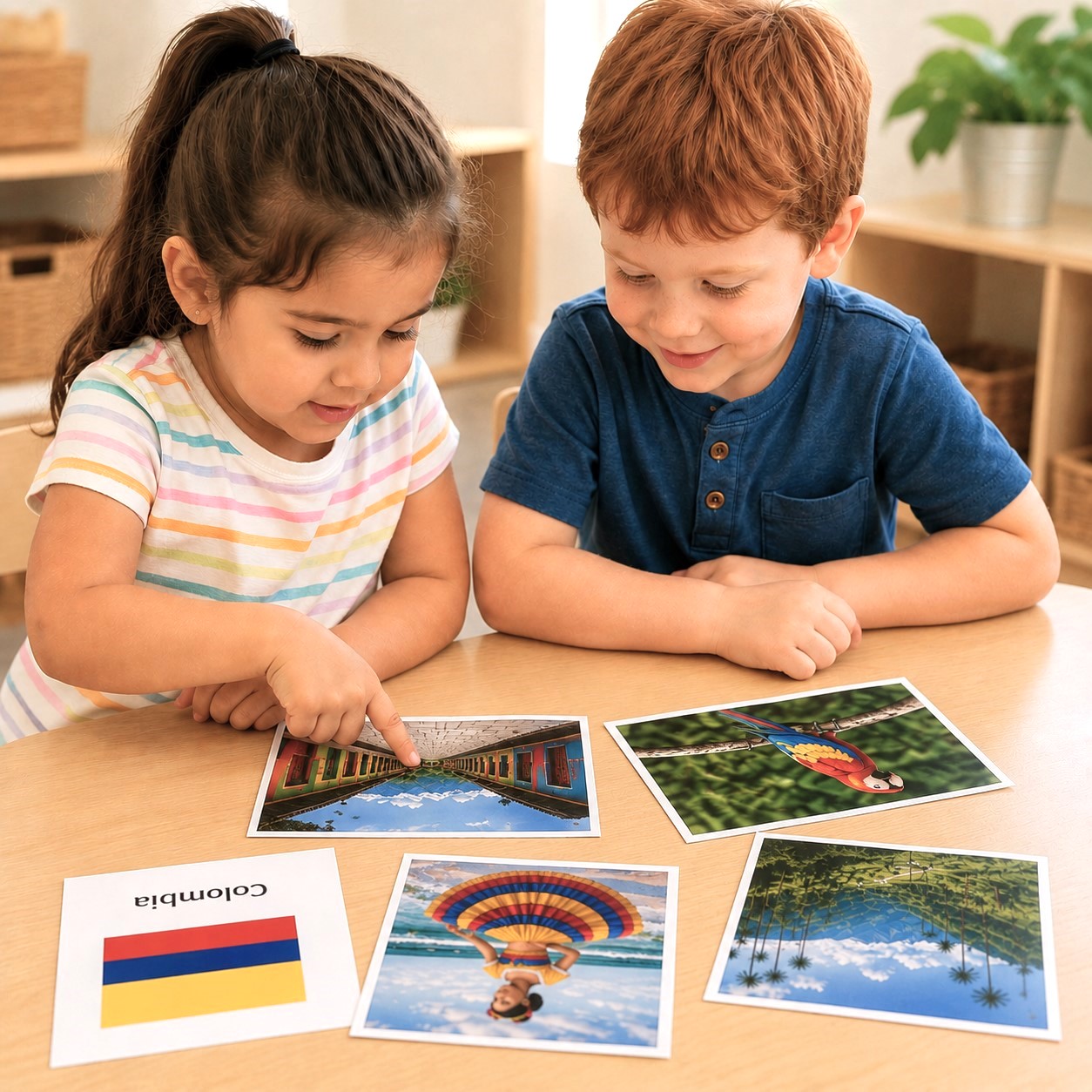 Two preschool children explore photos of Colombia. Two preschool children explore photos of Colombia as part of a Spanish immersion and cultural learning activity at Edina Daycare.