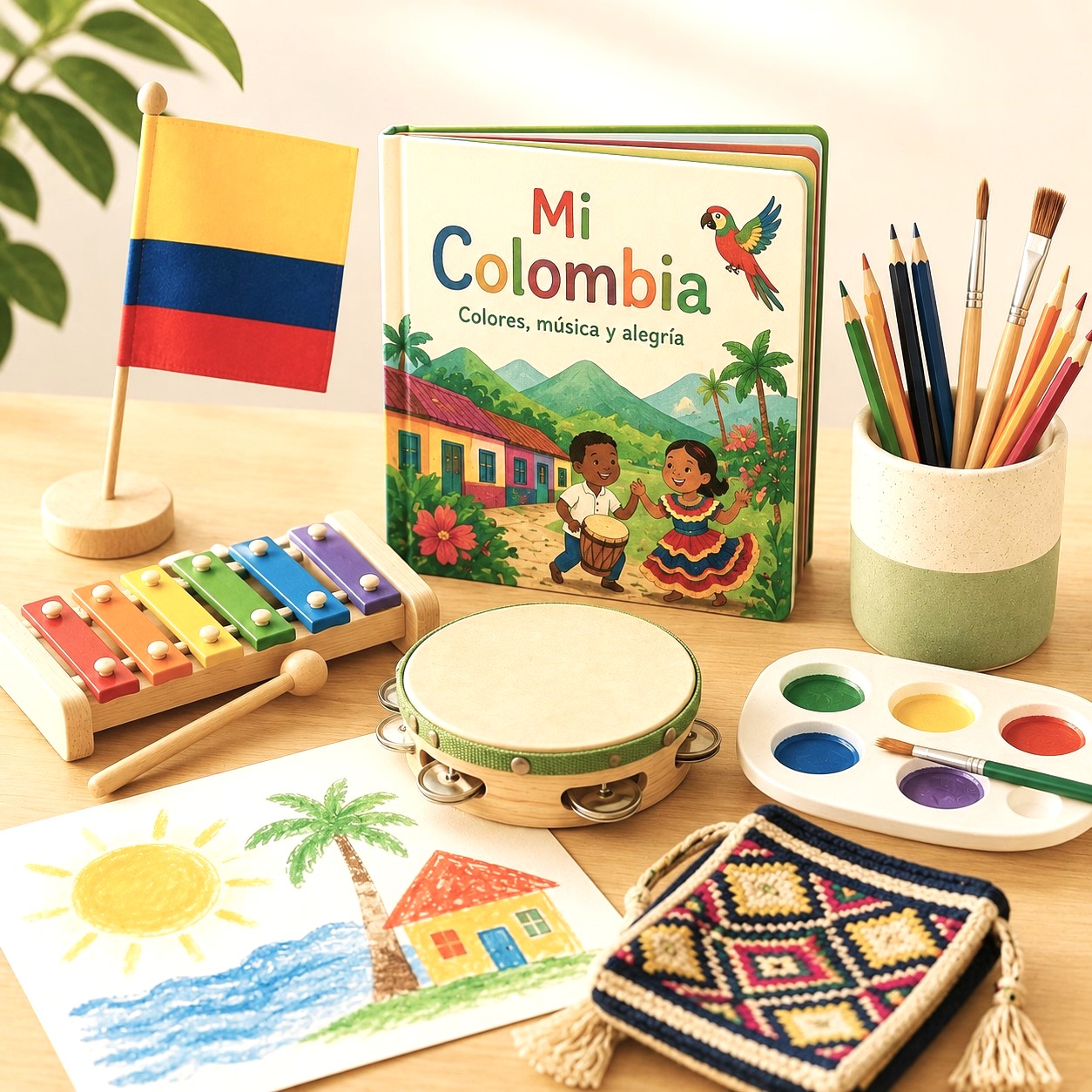 Musical instruments, art supplies, and Spanish immersion creative learning materials in a preschool classroom. Spanish children's book about Colombia surrounded by musical instruments, art supplies, and creative learning materials in a preschool classroom.