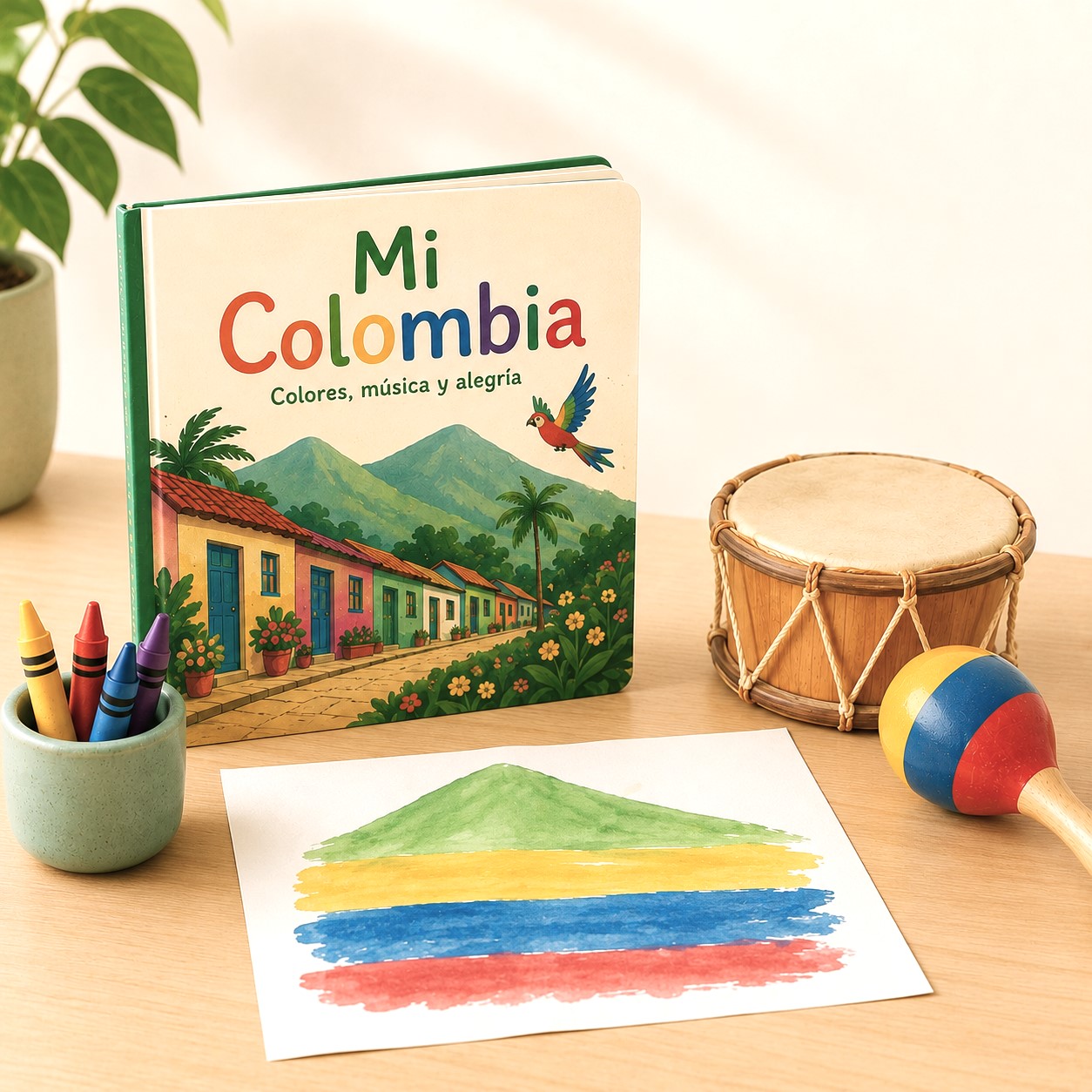 Children's book about Colombia displayed with art supplies, a drum, and a watercolor painting as part of Edina Daycare's music, art, and cultural learning activities.