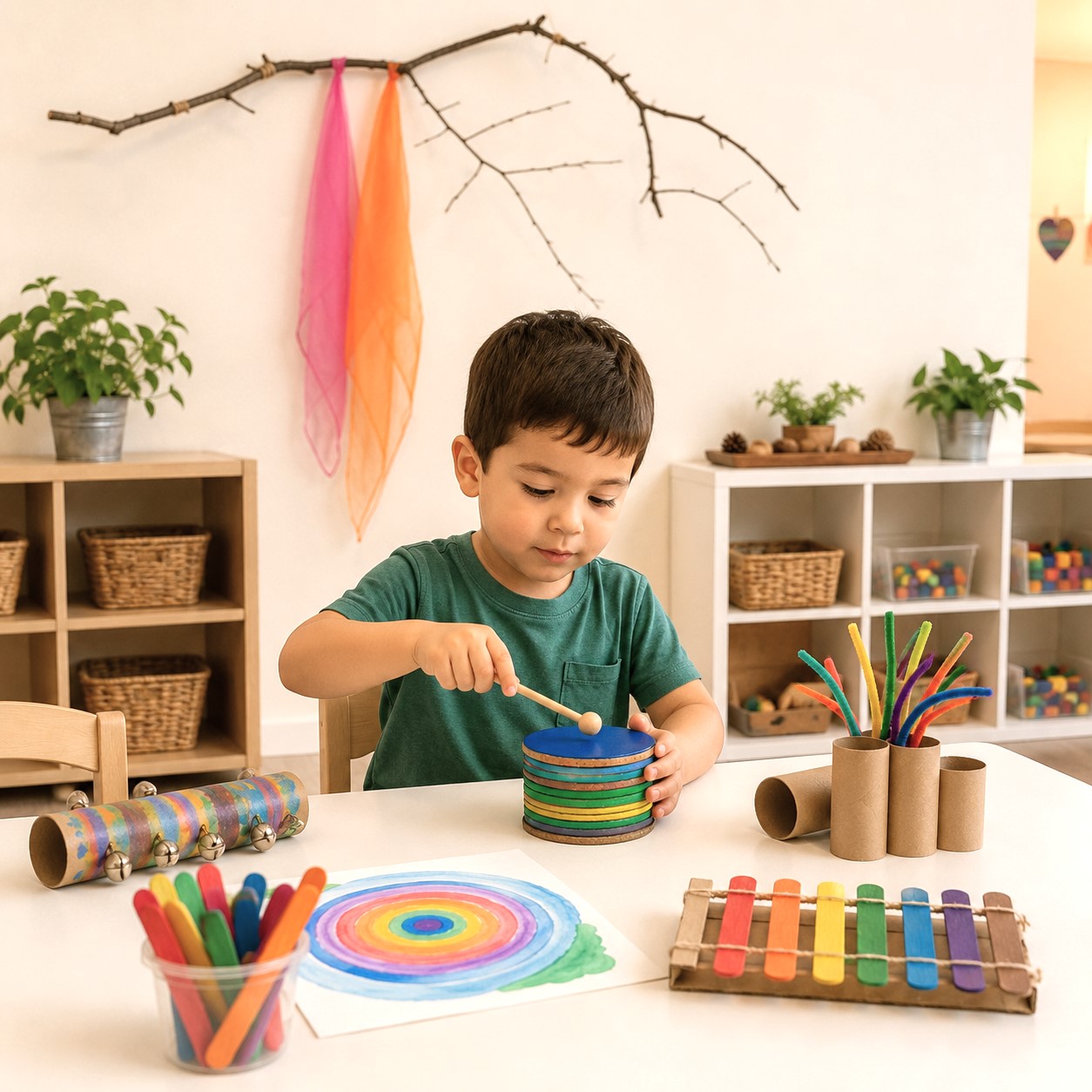 Preschool child playing homemade musical instruments. Preschool child creating homemade musical instruments and exploring sound through hands-on STEM activities at Edina Daycare.