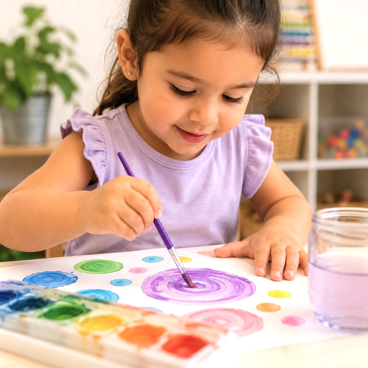 Preschool child painting colorful watercolor circles. Preschool child painting colorful watercolor circles during a hands-on sensory art activity at Edina Daycare.