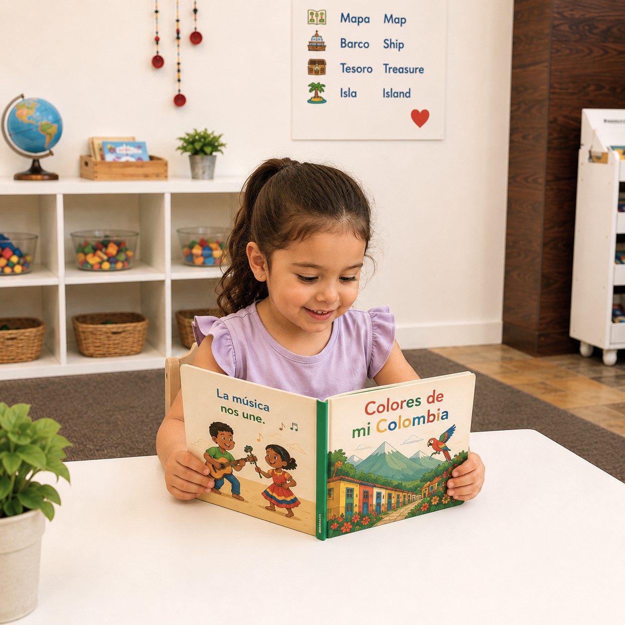 Preschool child reading a Spanish children's book about Colombia. Preschool child reading a Spanish children's book about Colombia in a Spanish immersion classroom at Edina Daycare.