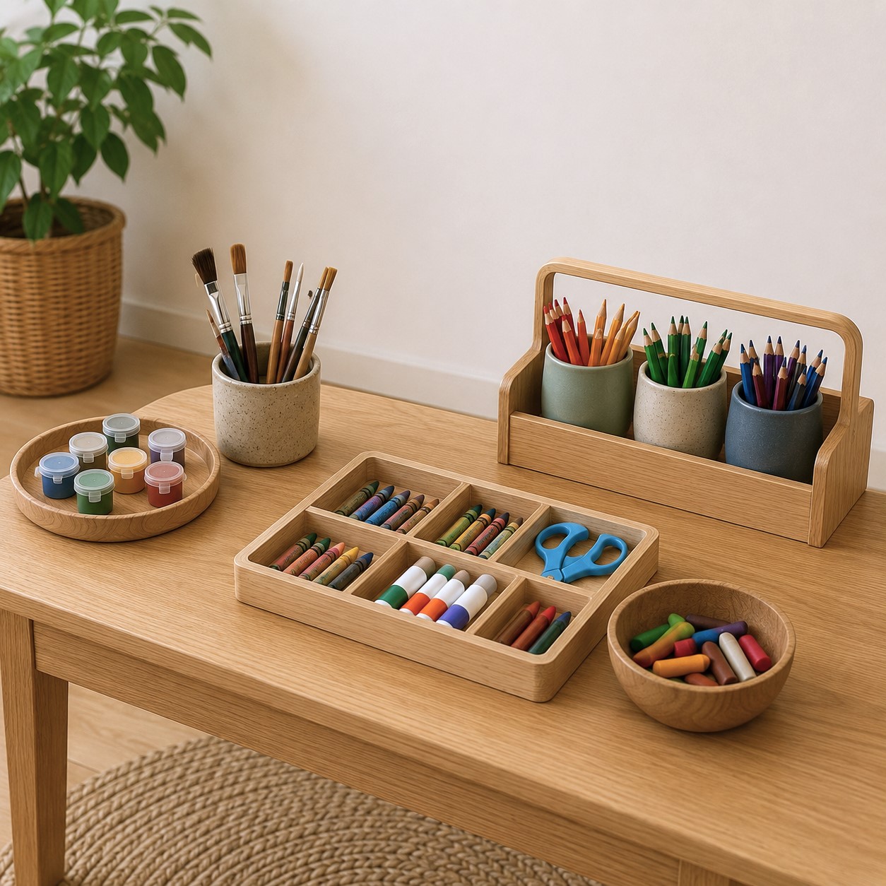 Art supplies including paints, brushes, crayons, and colored pencils at Edina Daycare, encouraging creative cultural expression.