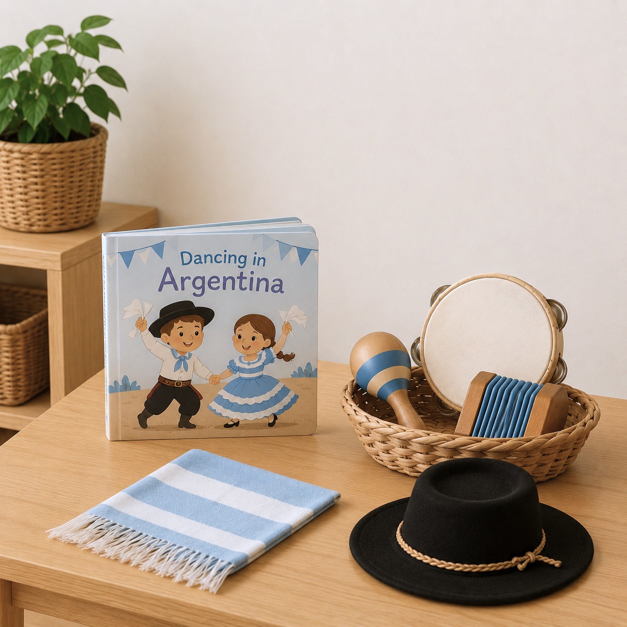 Cultural display with traditional clothing items, musical instruments, and a children’s book about dance at Edina Daycare, highlighting celebrations and traditions.