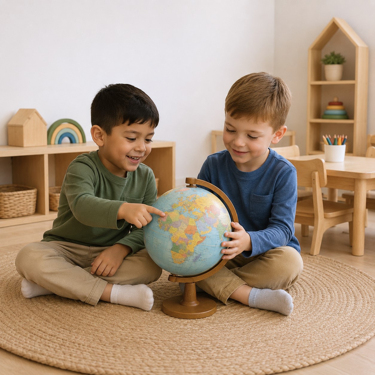 Two children exploring a classroom globe together at Edina Daycare, encouraging curiosity, cultural learning, and global awareness through hands-on discovery.
