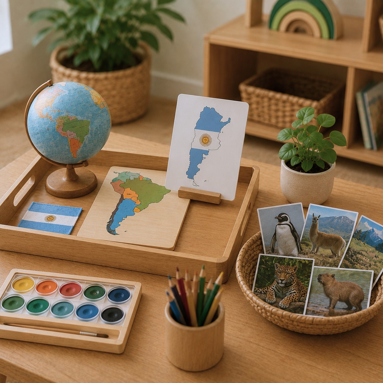 Argentina cultural learning setup with map, flag, globe, animal cards, and art materials at Edina Daycare, supporting Spanish immersion and global exploration.