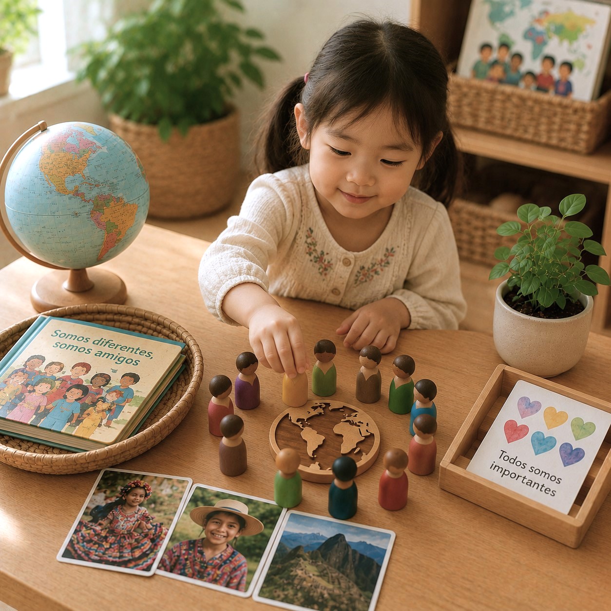 Child engaging with multicultural figures, world map, and Spanish-language books at Edina Daycare, supporting cultural awareness and inclusive learning.