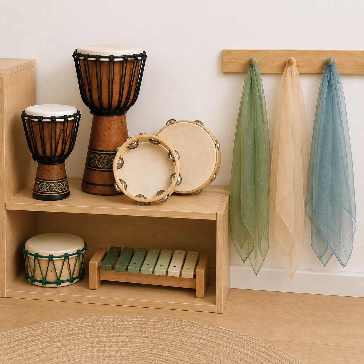 Child-sized drums, tambourines, and instruments at Edina Daycare, supporting cultural learning through music and movement.