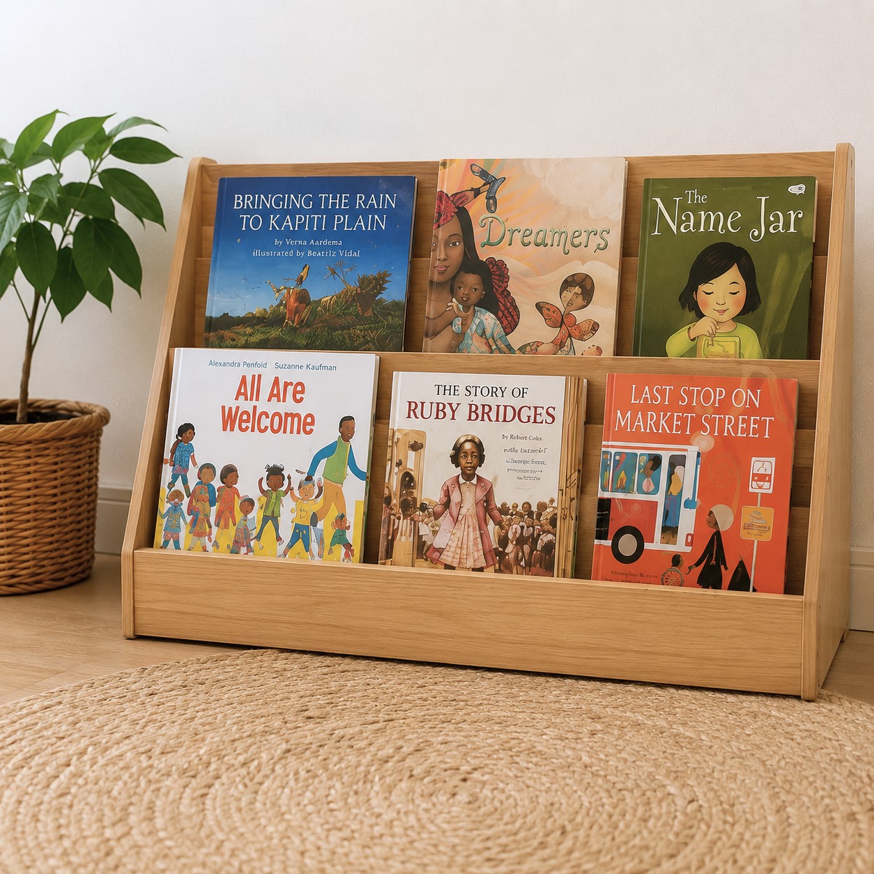Children’s books featuring diverse cultures displayed in an Edina Daycare preschool classroom, supporting cultural learning through stories and literature.