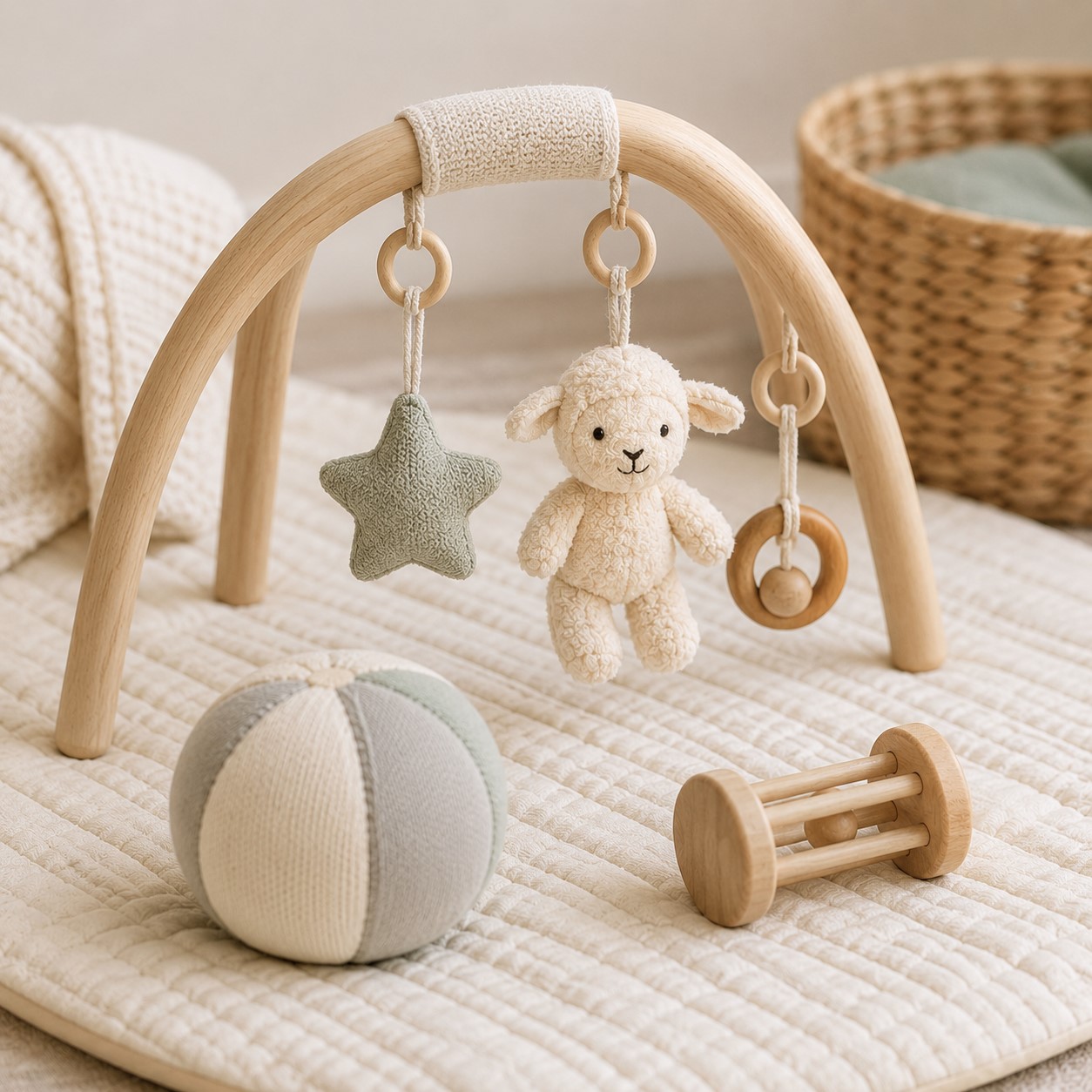 Soft play mat with wooden baby gym, plush toys, and sensory items at Edina Daycare Spanish Immersion.