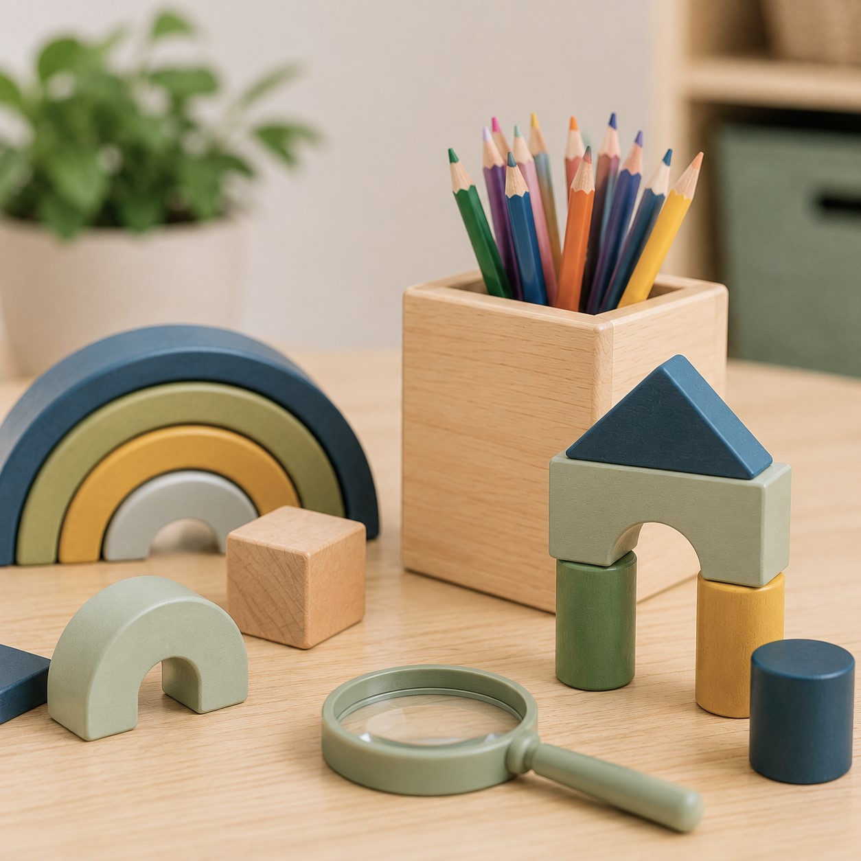 Wooden blocks, rainbow stacker, and colored pencils arranged for creative play at Edina Daycare Spanish Immersion.