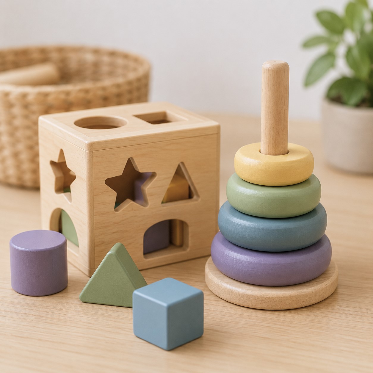 Shape sorter, stacking rings, and wooden blocks supporting early learning at Edina Daycare Spanish Immersion.