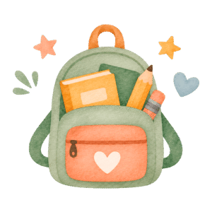 Watercolor-style backpack with books and school supplies, representing learning experiences, enrichment, and daily growth at Edina Daycare.