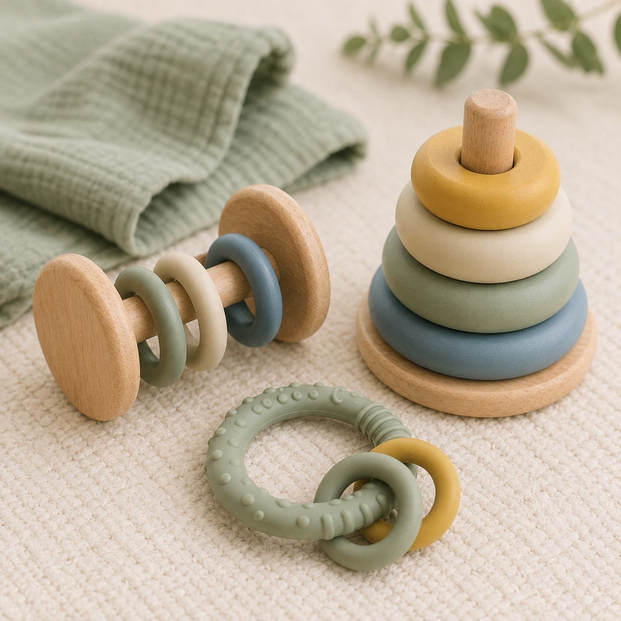 Soft, natural wooden infant toys including a stacking ring tower, rolling rattle, and teether on a neutral rug in a calm, Reggio Emilia-inspired setting for early sensory exploration.