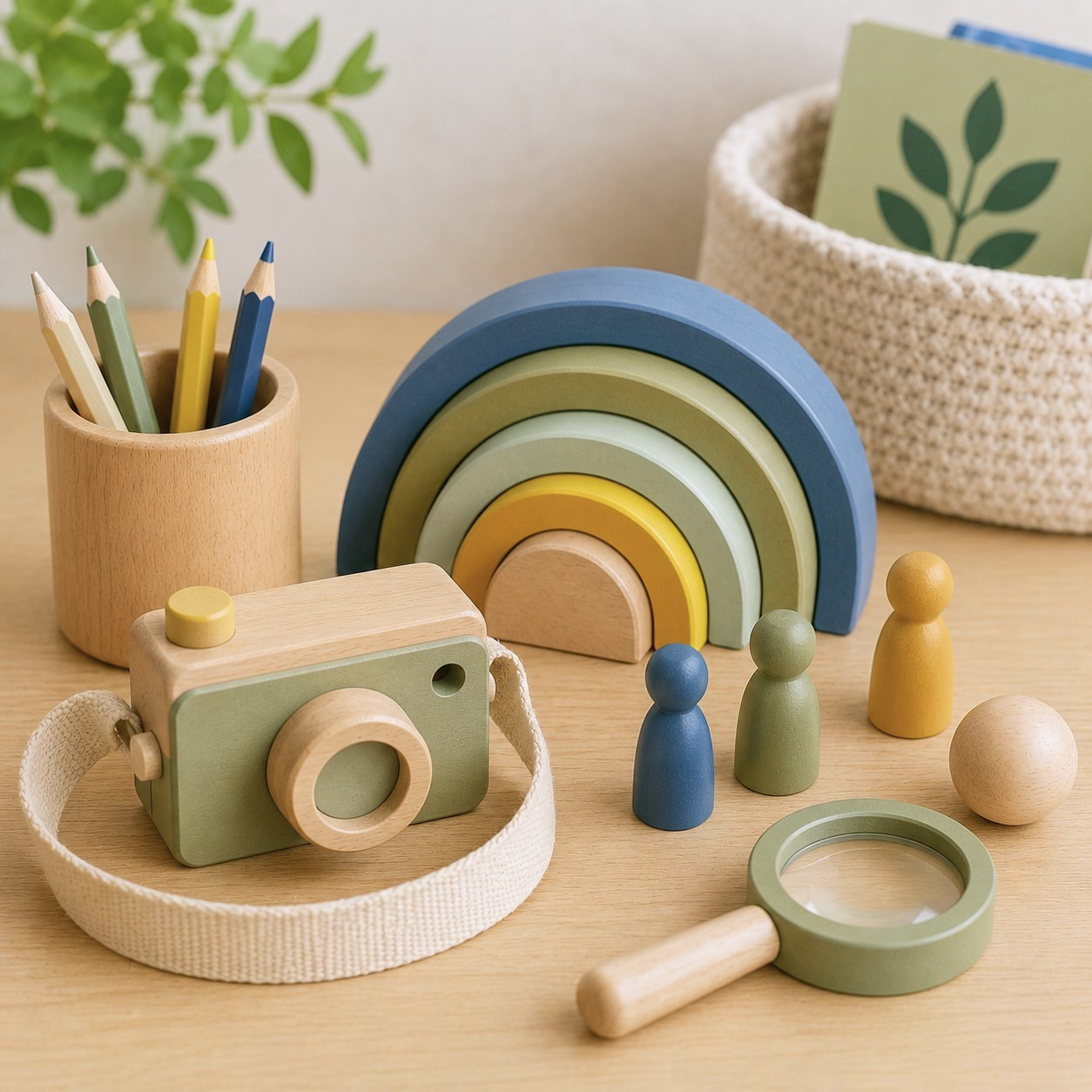 Colorful wooden preschool learning toys including a rainbow stacker, child-safe camera, magnifying glass, peg dolls, and colored pencils arranged on a table for hands-on, play-based learning.