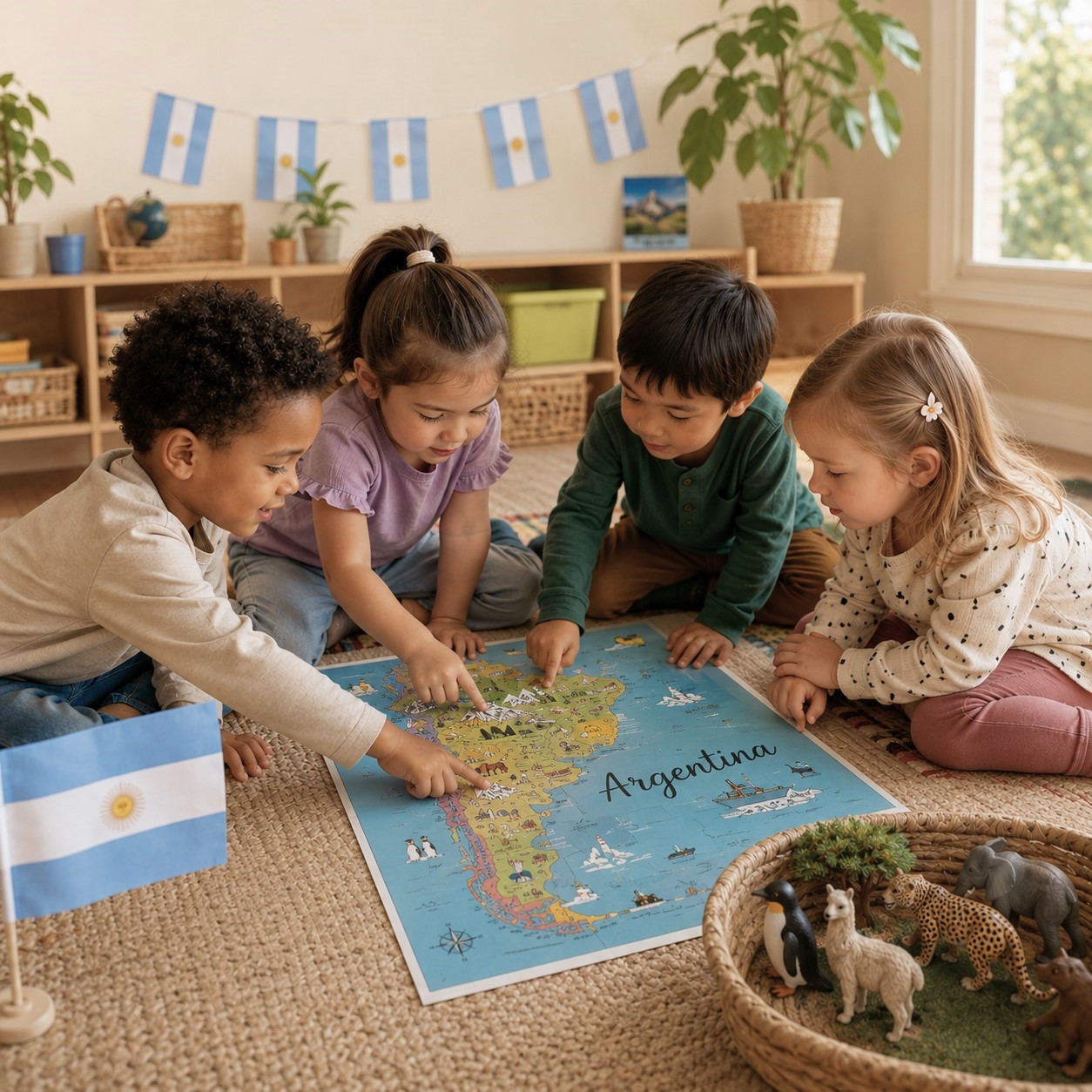 Preschoolers at Edina Daycare Spanish Immersion childcare center explore Argentina through hands-on learning, fostering cultural awareness, curiosity, and early Spanish language development.
