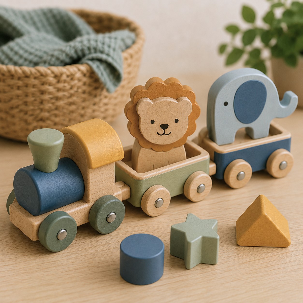 Wooden toddler toy train with animal figures and shape blocks on a tabletop, supporting imaginative play and early language development in a nature-inspired classroom environment.