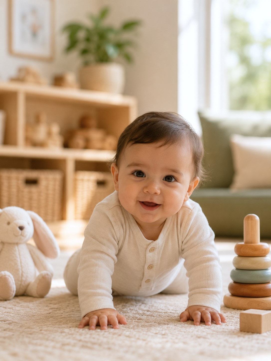 Infant crawling on a soft rug with wooden stacking toys and a plush toy in a calm, natural classroom environment at Edina Daycare, supporting early development and exploration.