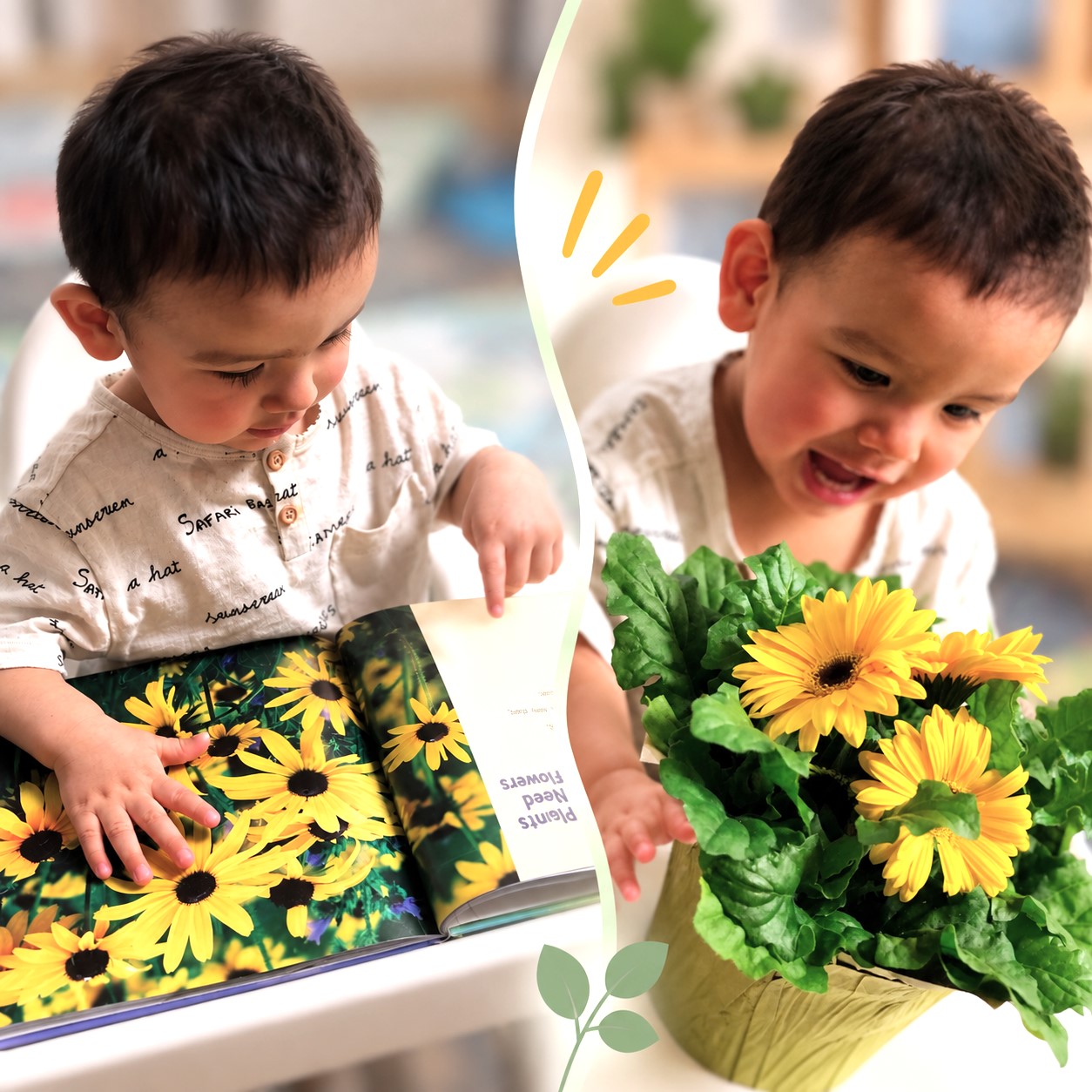 Infant exploring yellow flowers in a book and through hands-on sensory play at Edina Daycare.