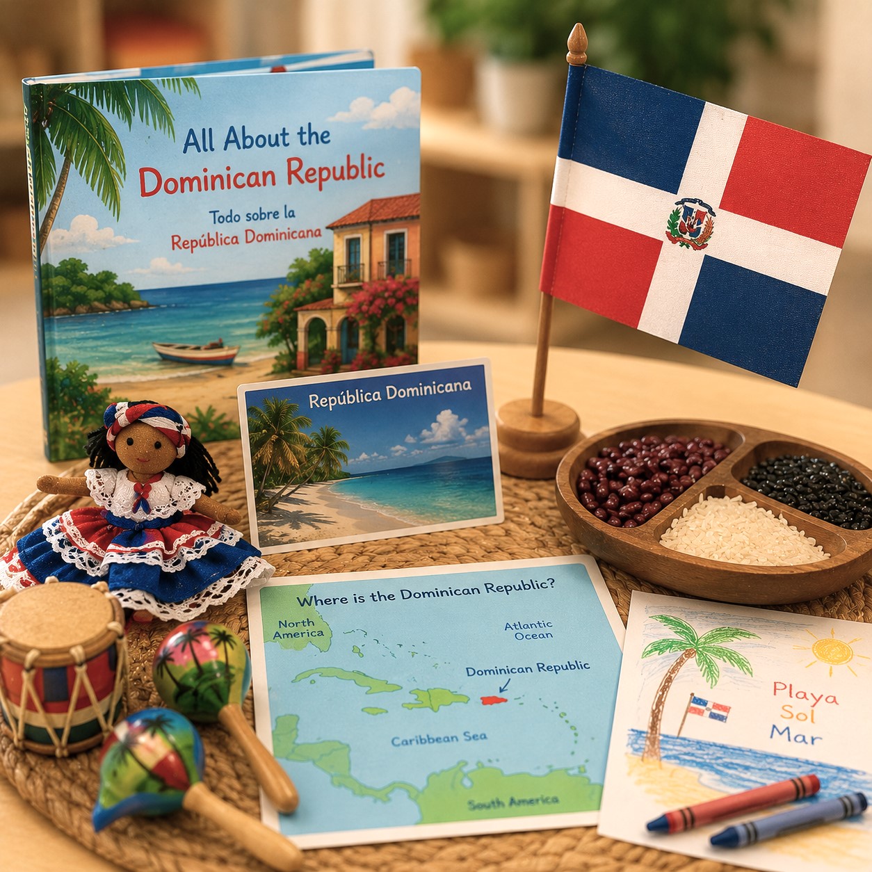 Dominican Republic cultural learning display featuring children's books, traditional music instruments, flag, map, and hands-on activities for preschool children.