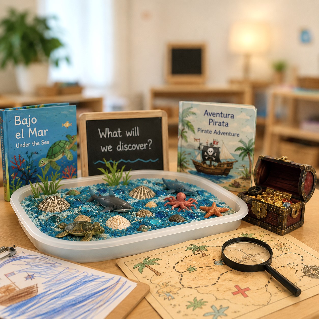 Reggio Emilia-inspired ocean inquiry project featuring sensory exploration, pirate treasure map, ocean habitats, and hands-on discovery activities for preschool children.