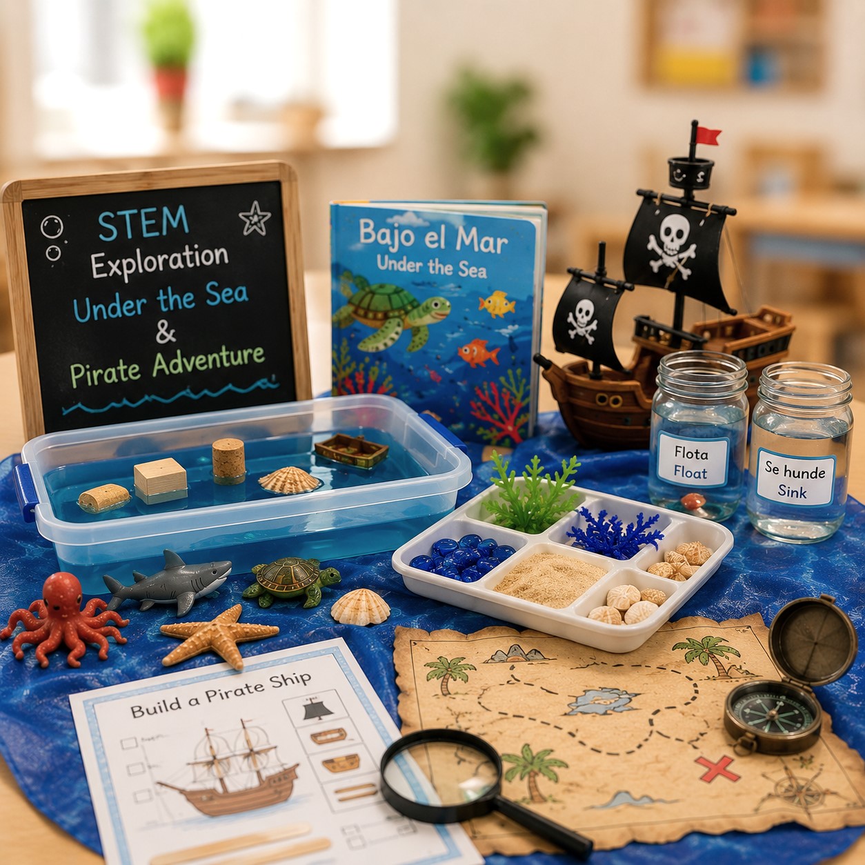 Preschool STEM activities exploring floating and sinking, pirate ships, ocean habitats, navigation, and engineering through hands-on learning.