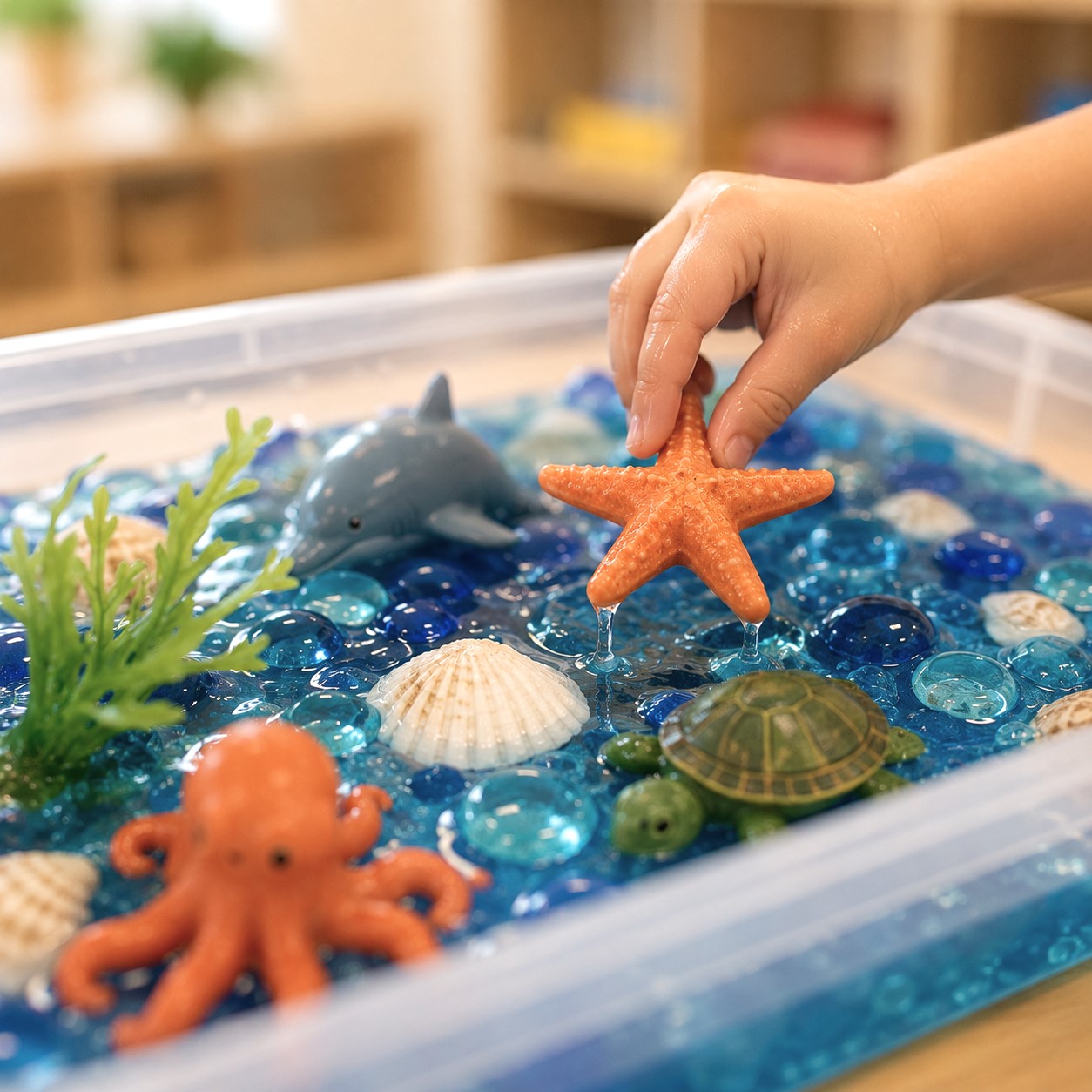 Child exploring an ocean-themed sensory bin. Child exploring an ocean-themed sensory bin with water beads, seashells, sea animals, and hands-on sensory play that develops fine motor skills and curiosity.