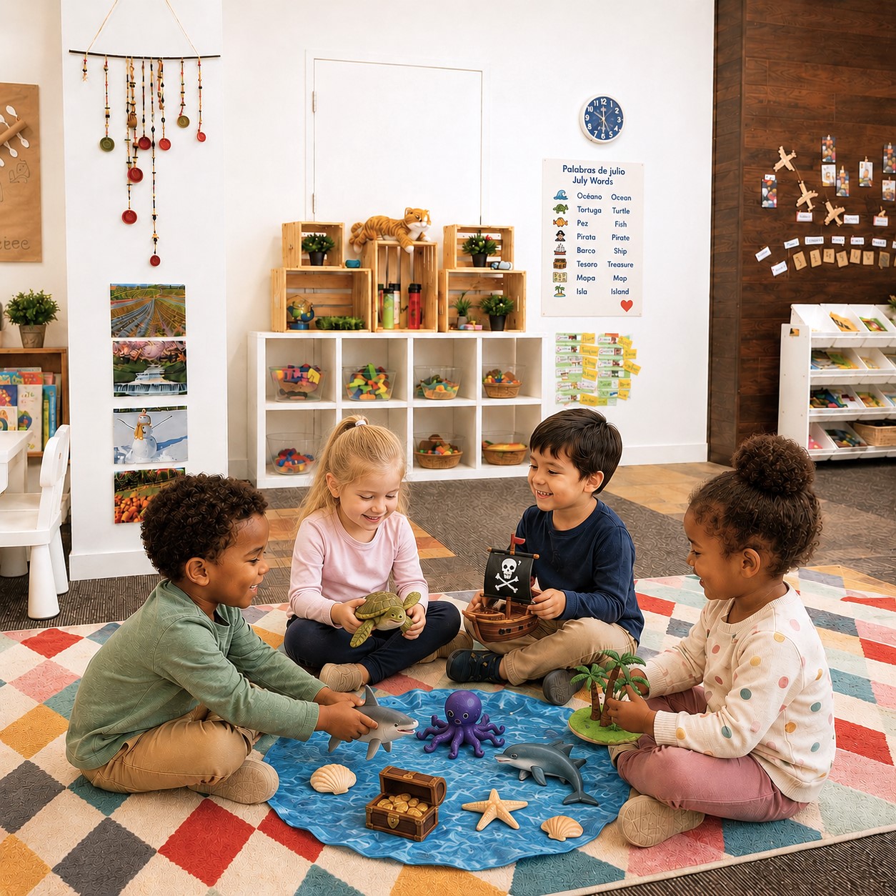 Preschool children playing with ocean-themed toys. Preschool children explore ocean vocabulary through hands-on play in a bright Spanish immersion classroom at Edina Daycare.