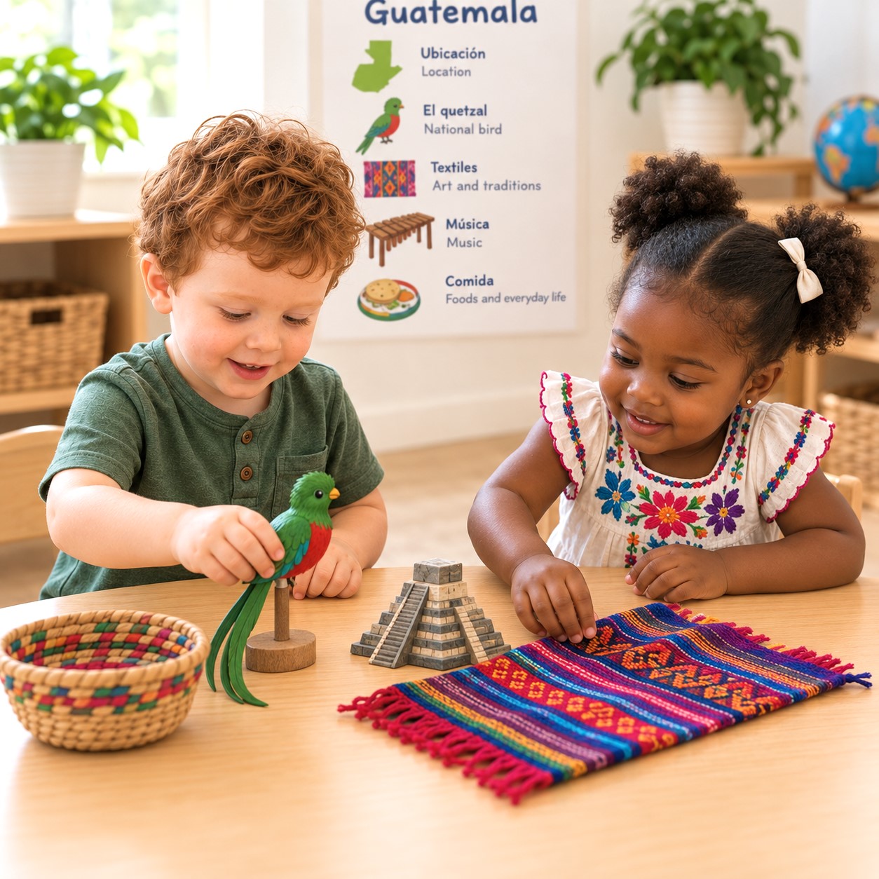 Preschool children exploring Guatemalan textiles, a quetzal bird, and cultural symbols during a learning activity at Edina Daycare.