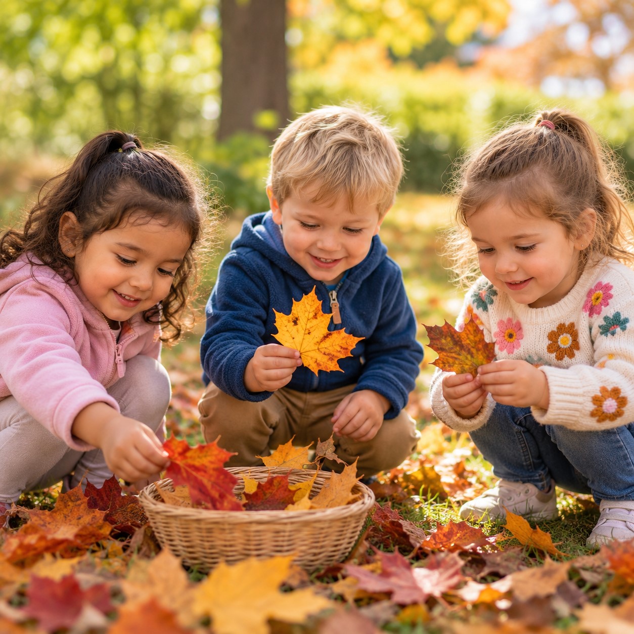 Preschool children exploring colorful fall leaves during an outdoor learning activity at Edina Daycare.