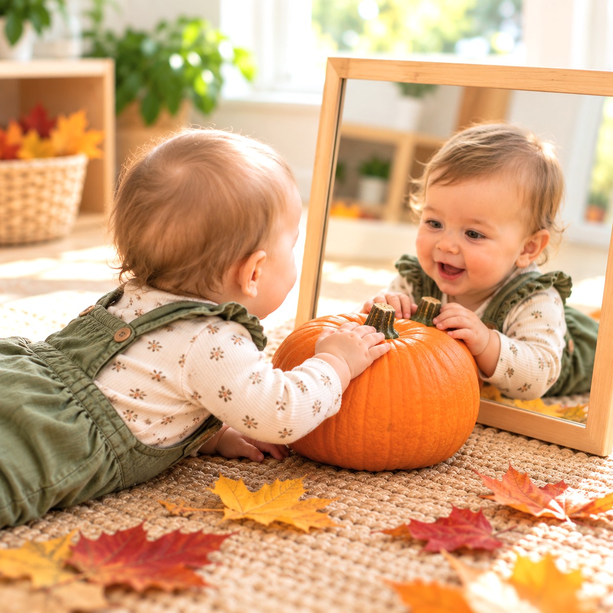 Infant exploring a pumpkin, fall leaves, and natural materials. Infant exploring a pumpkin, fall leaves, and natural materials during a Reggio-inspired activity at Edina Daycare.