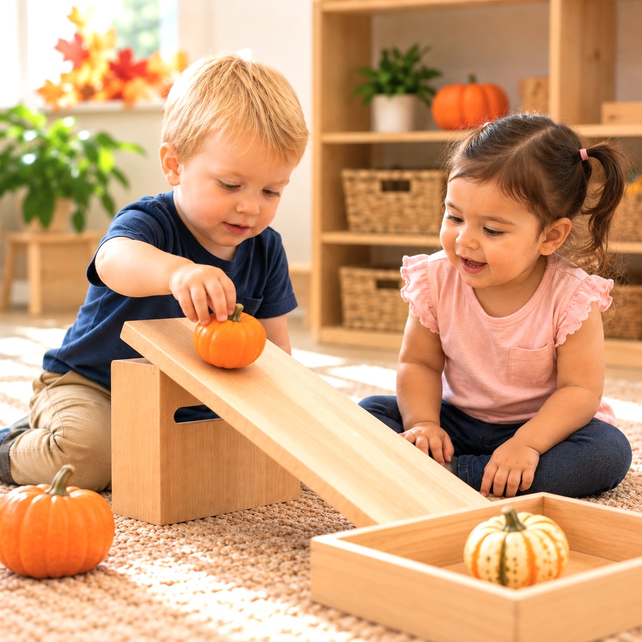Young children exploring ramps and motion. Young children exploring ramps and motion by rolling a small pumpkin during a fall STEM activity at Edina Daycare.