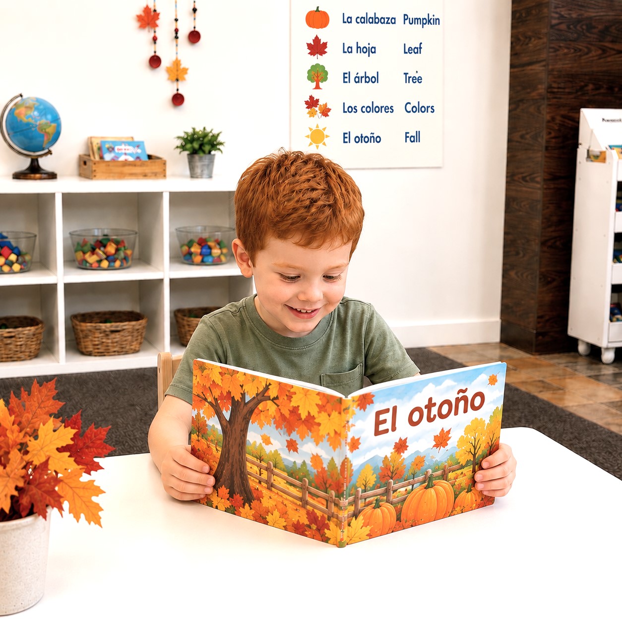 Preschool boy reading a Spanish book about fall during Spanish immersion learning at Edina Daycare.