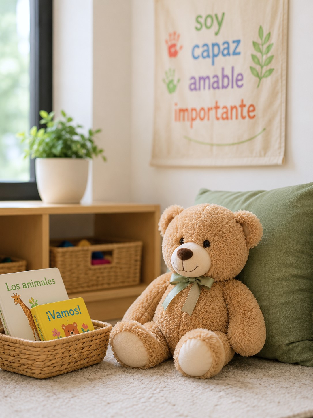 Cozy classroom reading corner with Spanish-language books, a stuffed bear, and a wall banner with affirming Spanish words at Edina Daycare, representing a nurturing, child-centered learning philosoph