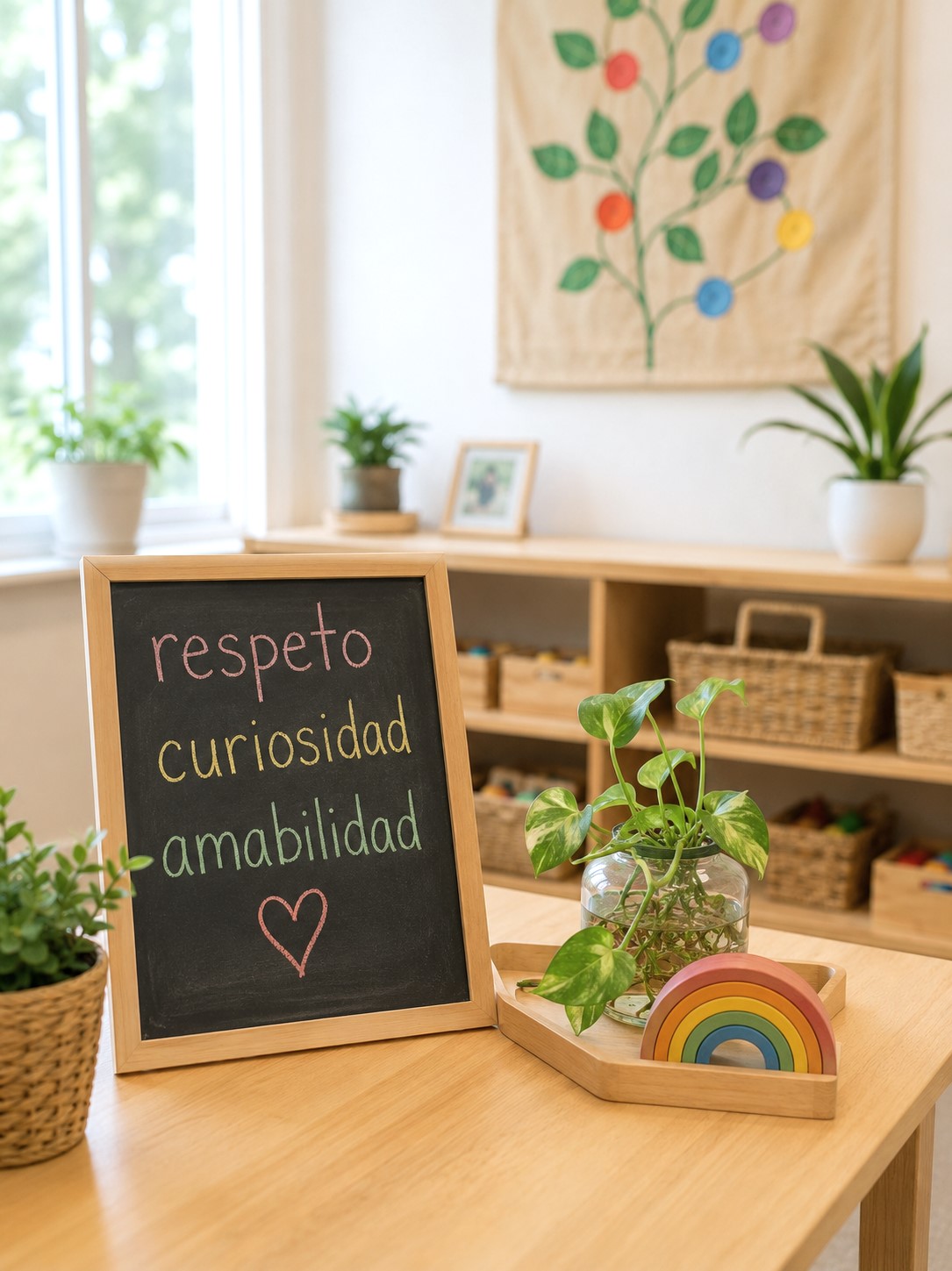 Classroom display with Spanish words about respect, curiosity, and kindness alongside natural materials and learning tools at Edina Daycare, representing play-based learning and kindergarten readiness.
