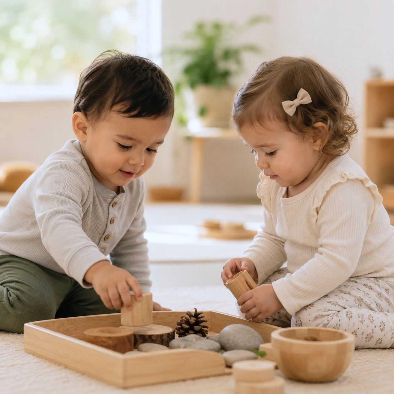 Two young children engaged in hands-on play with natural wooden blocks, stones, and sensory materials on a soft rug in a calm, light-filled classroom, reflecting a nurturing and play-based learning environment at Edina Daycare.