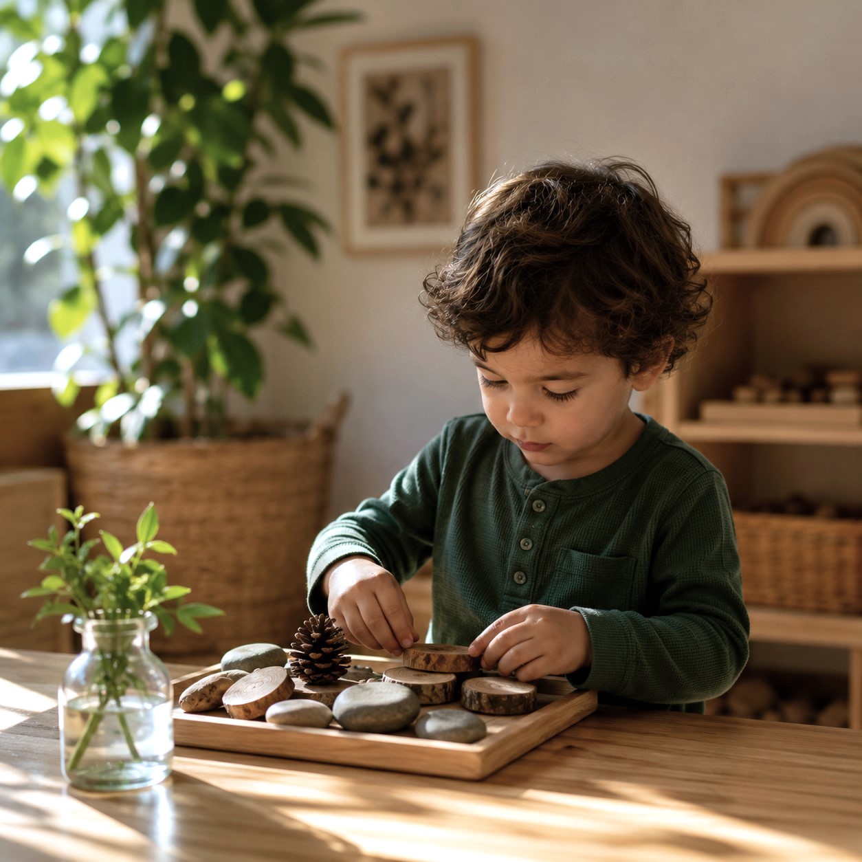 Child engaged in focused, hands-on play with natural materials including wood slices, stones, and a pinecone on a tray at a wooden table, illustrating a Reggio-inspired, nature-based learning environment at Edina Daycare.