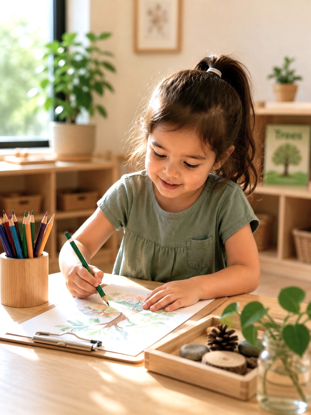 Child drawing a tree with colored pencils at a table in a natural, organized classroom at Edina Daycare, supporting creativity and Preschool & Pre‑K learning.