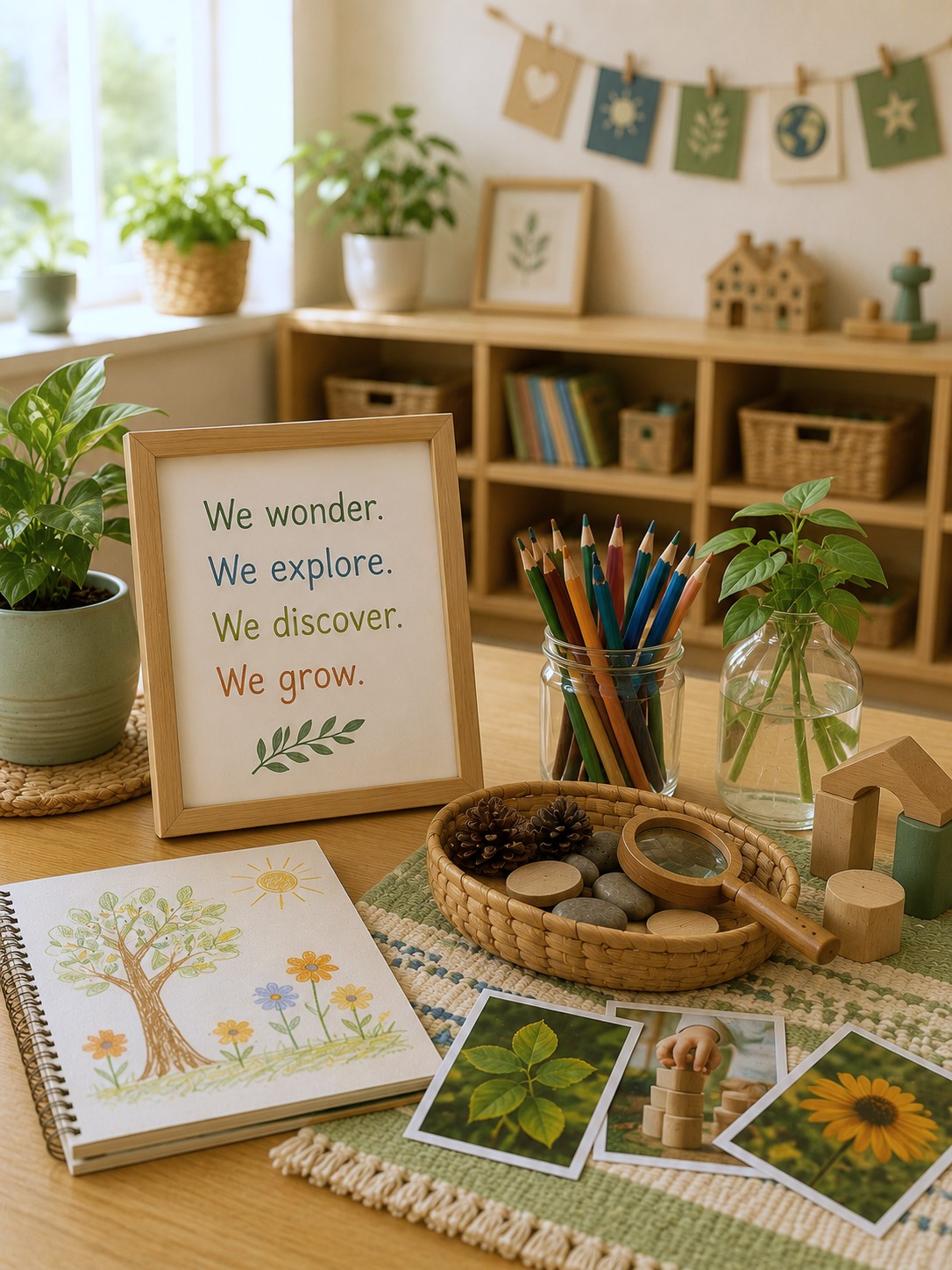 Reggio-inspired learning environment at Edina Daycare featuring natural materials, open-ended exploration tools, and hands-on experiences that support child-led discovery and creativity.