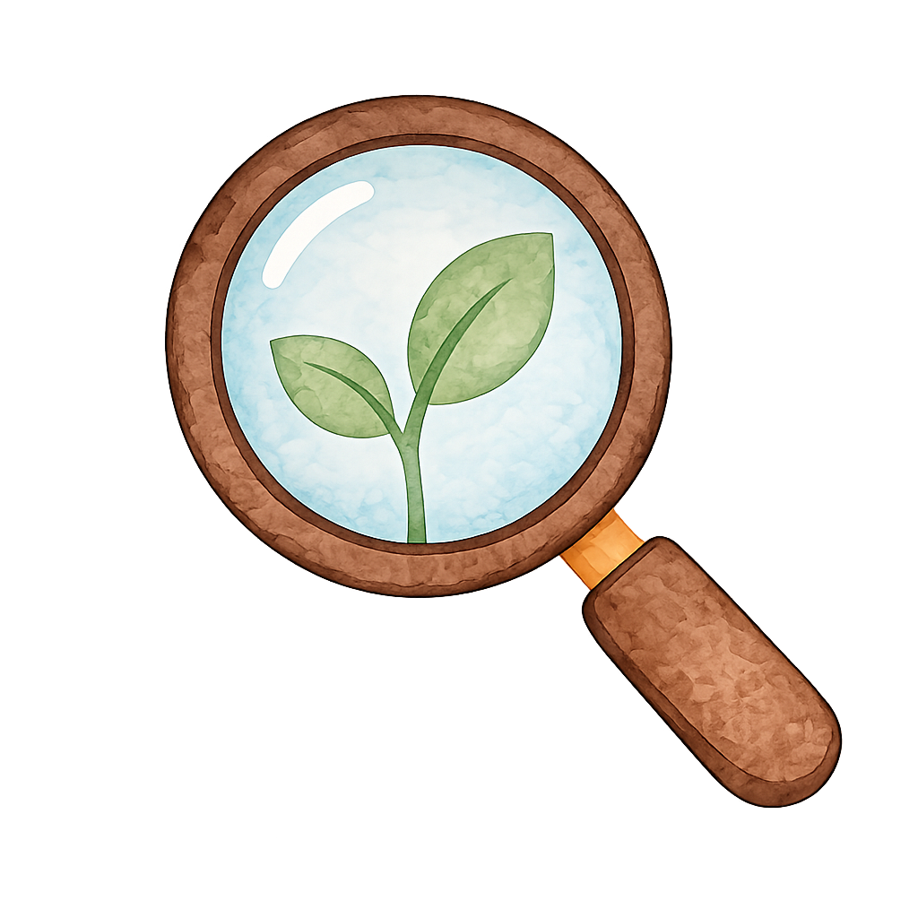 Reggio Emilia-inspired learning icon featuring a magnifying glass and leaf, symbolizing curiosity, discovery, exploration, and child-led learning at Edina Daycare.