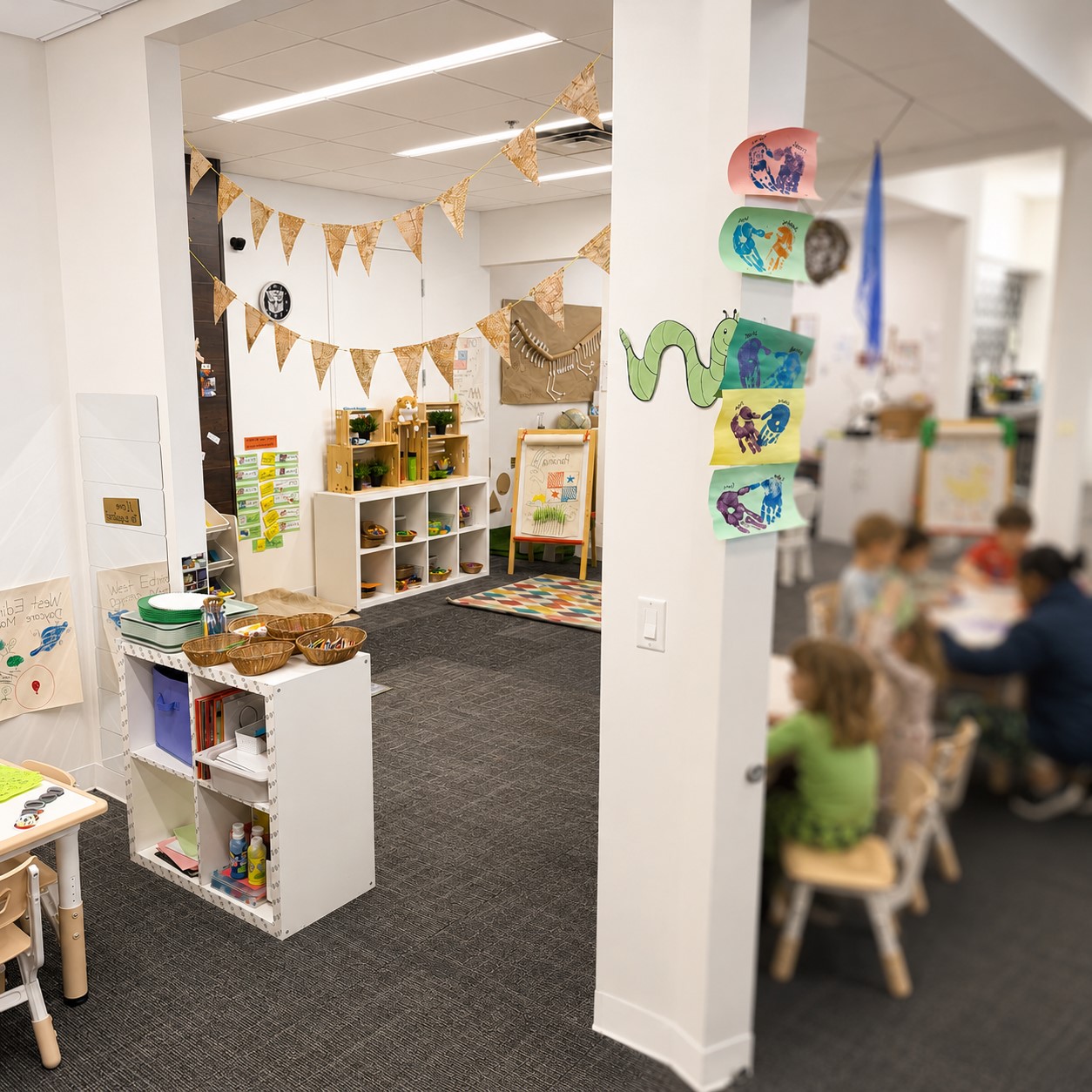 Reggio Emilia-inspired classroom at Edina Daycare featuring child-centered learning spaces, natural materials, and hands-on exploration opportunities.