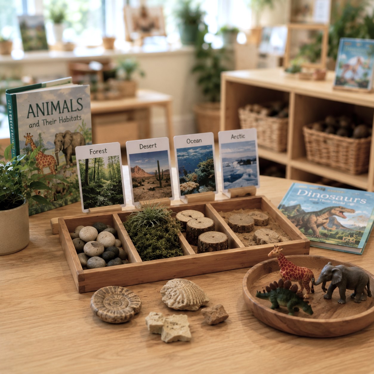 Zoo animals, dinosaurs, and habitats inquiry project display at Edina Daycare.