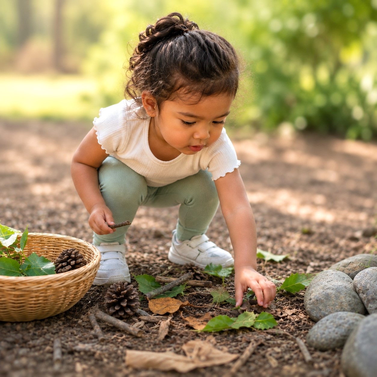 Toddler exploring leaves, pinecones and other natural materials. Toddler exploring leaves, pinecones and other natural materials during outdoor learning at Edina Daycare.
