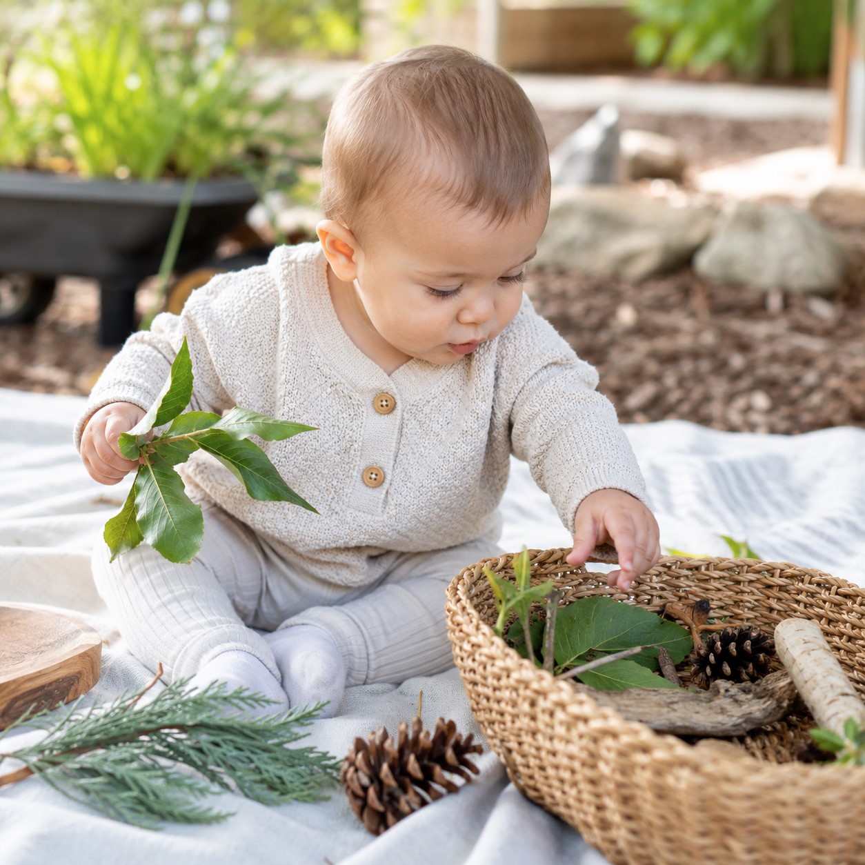 Infant exploring leaves, pinecones, and natural materials during a Reggio-inspired outdoor nature-based learning activity.