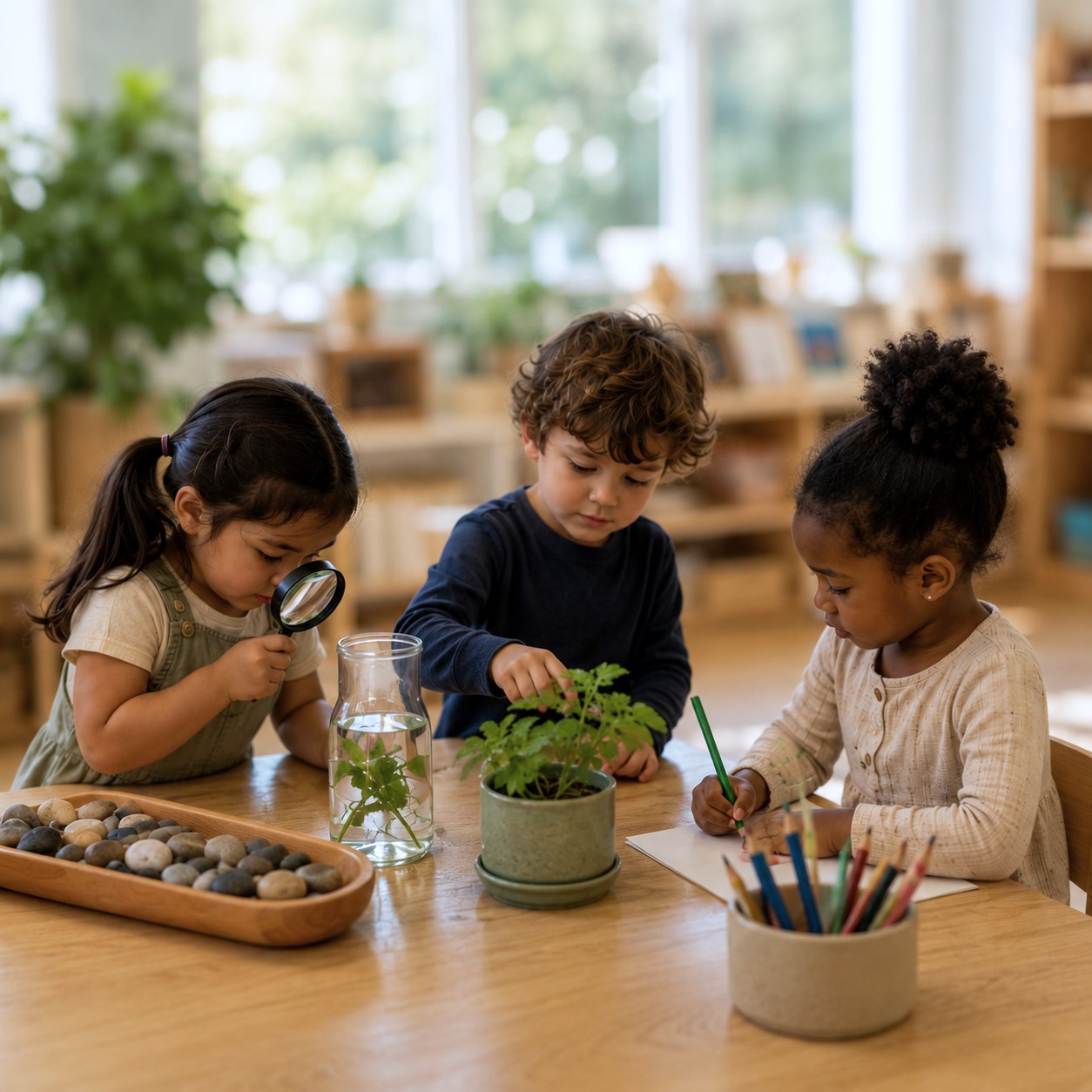 Children exploring plants and creative learning activities in a Reggio-inspired preschool classroom at Edina Daycare.