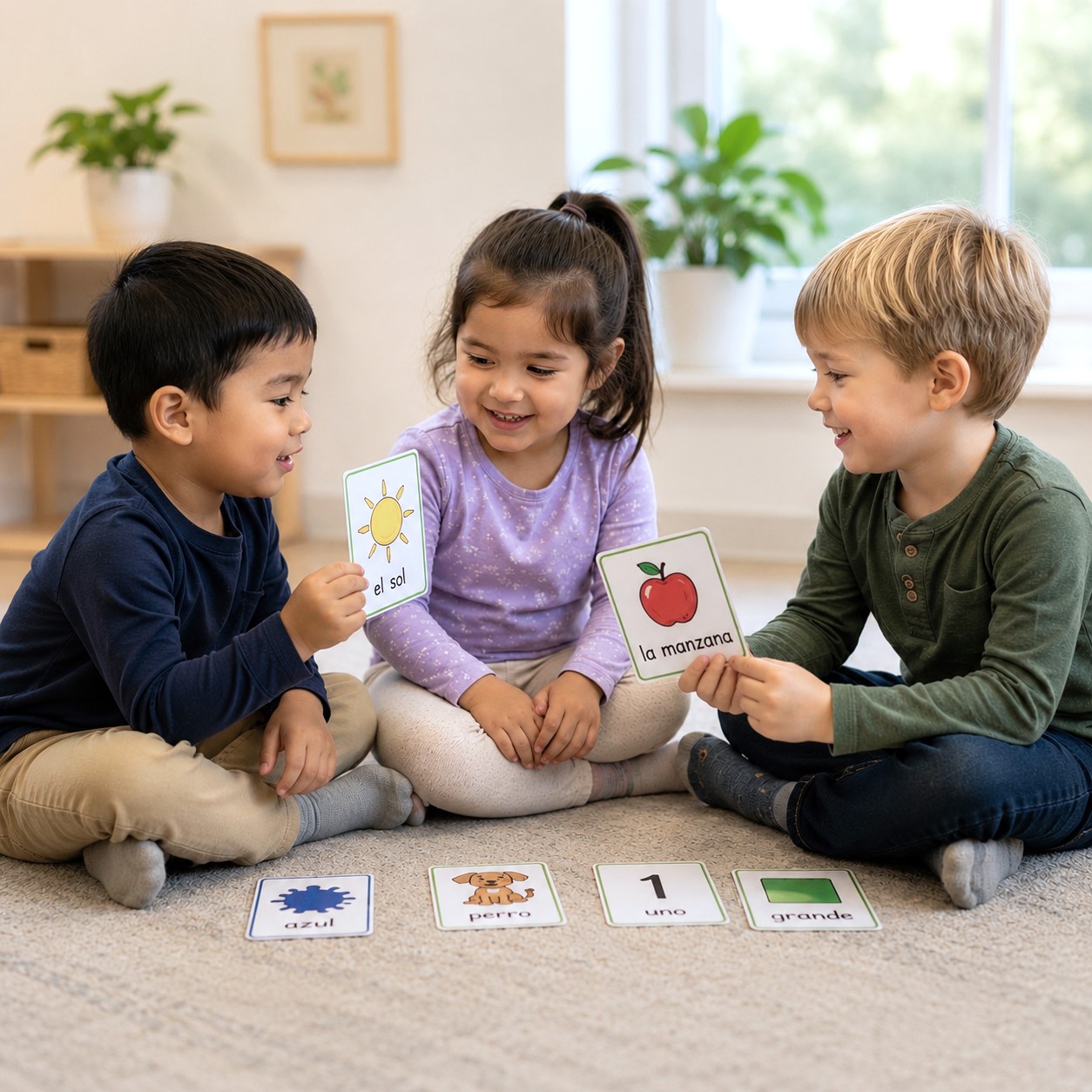 Preschool children engaged in learning Spanish words in the Spanish immersion program at Edina Daycare.