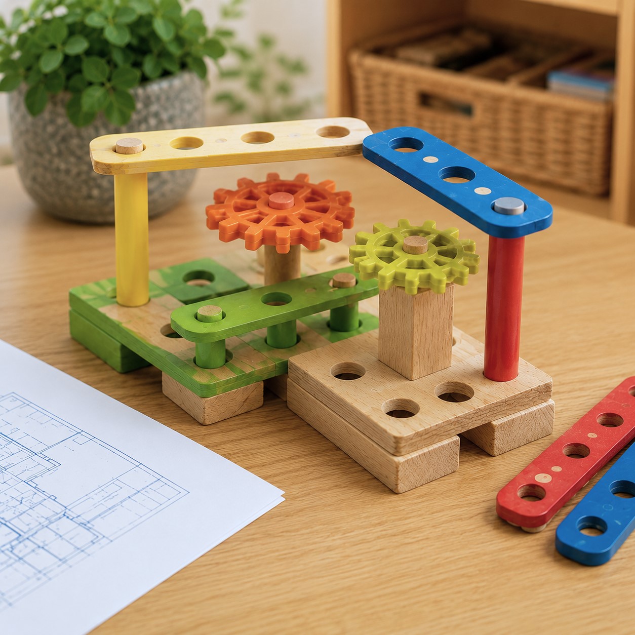 Colorful wooden gears and building pieces arranged as a simple engineering structure on a table at Edina Daycare Spanish Immersion, supporting hands-on STEM learning.