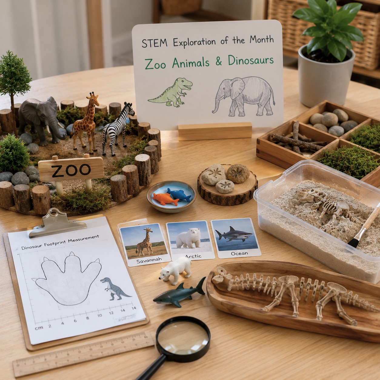Children explore zoo animals, dinosaur fossils, habitats, and scientific discovery through hands-on STEM activities at Edina Daycare.