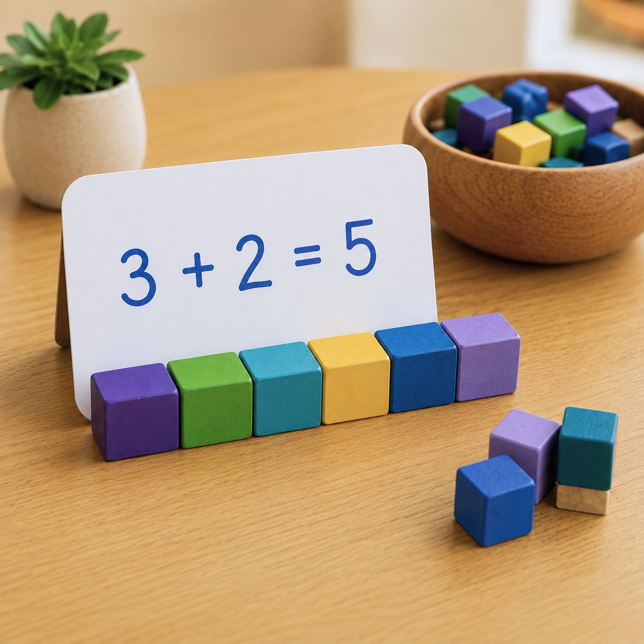 Simple addition activity with colorful counting cubes and a “3 + 2 = 5” card at Edina Daycare Spanish Immersion, supporting early math skills.