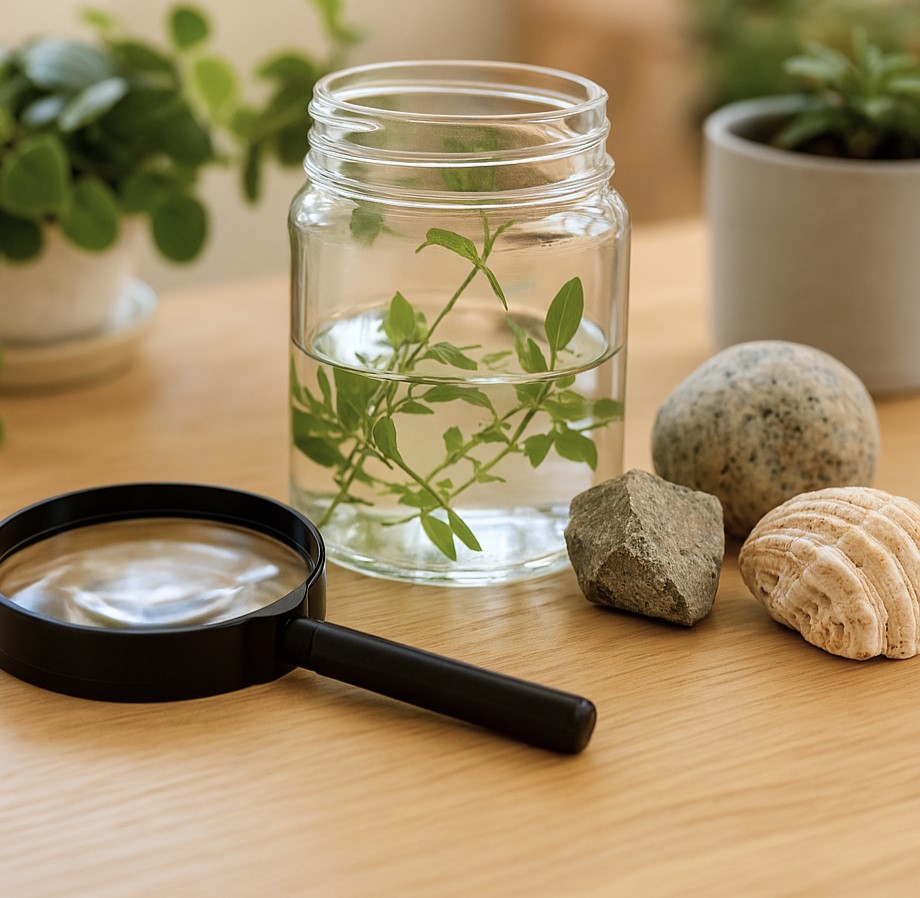 Hands-on science exploration setup featuring a magnifying glass, plant cuttings in water, rocks, and natural materials, encouraging observation, curiosity, and early scientific discovery.